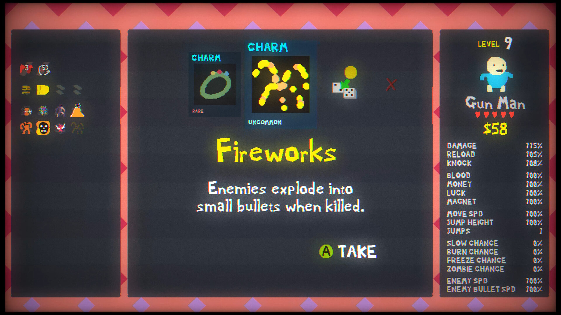Blood Dungeon Fireworks charm upgrade selection screen