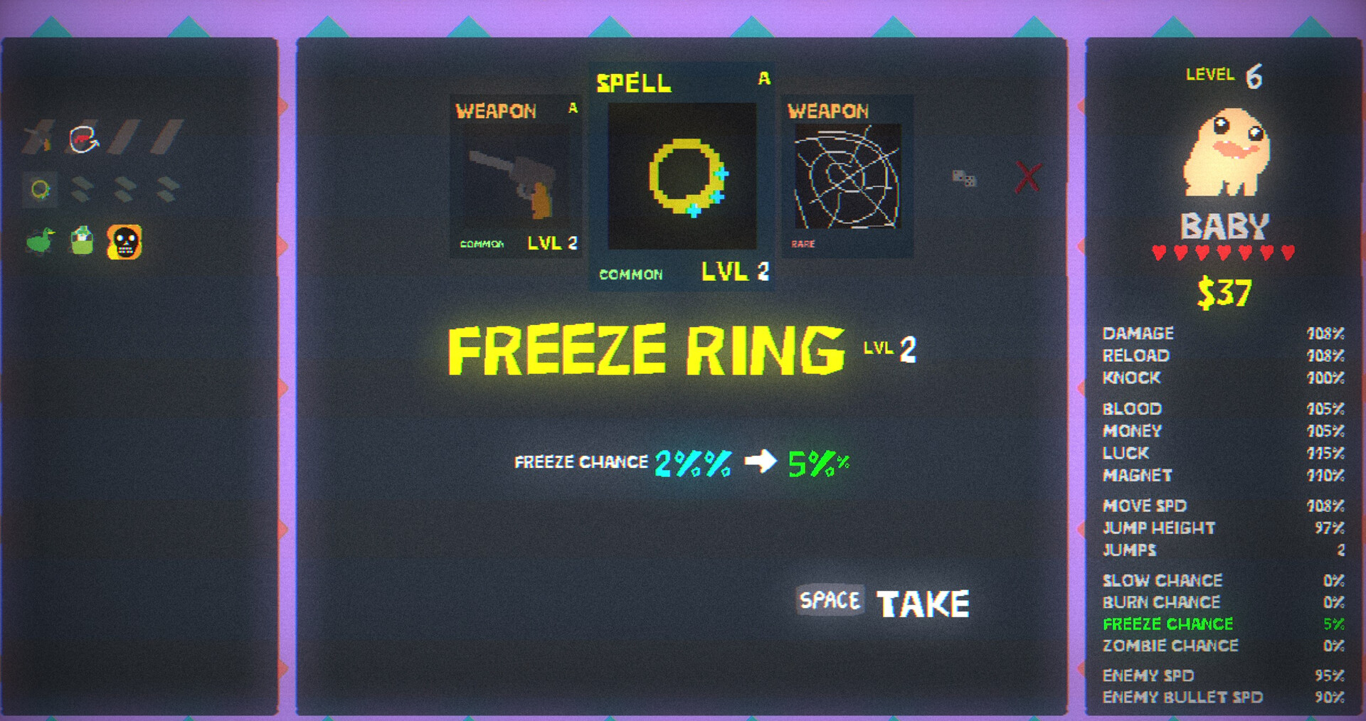 Official Blood Dungeon upgrade screen with a Freeze Ring choice